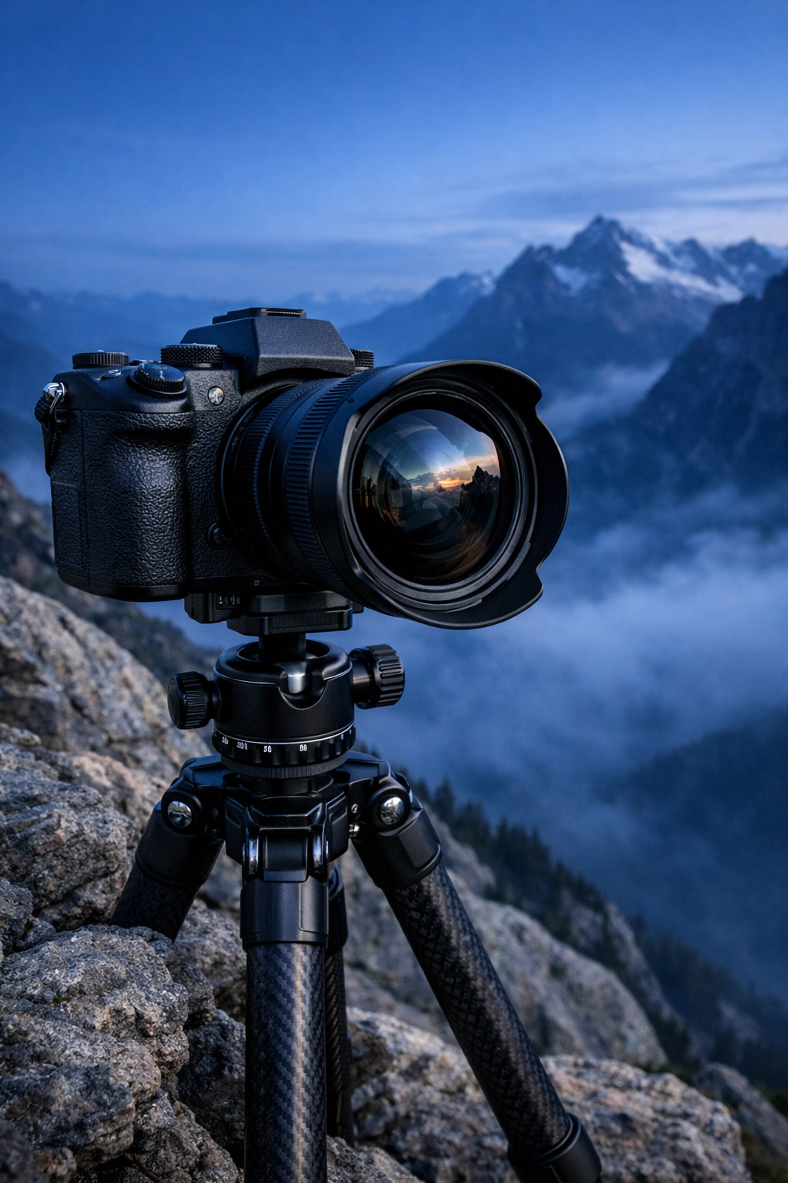 High-resolution mirrorless camera from the latest new camera releases on a tripod overlooking mountains.