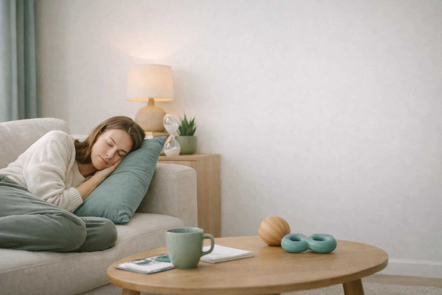 Neurodivergent adult experiencing burnout resting on a couch in soft natural light