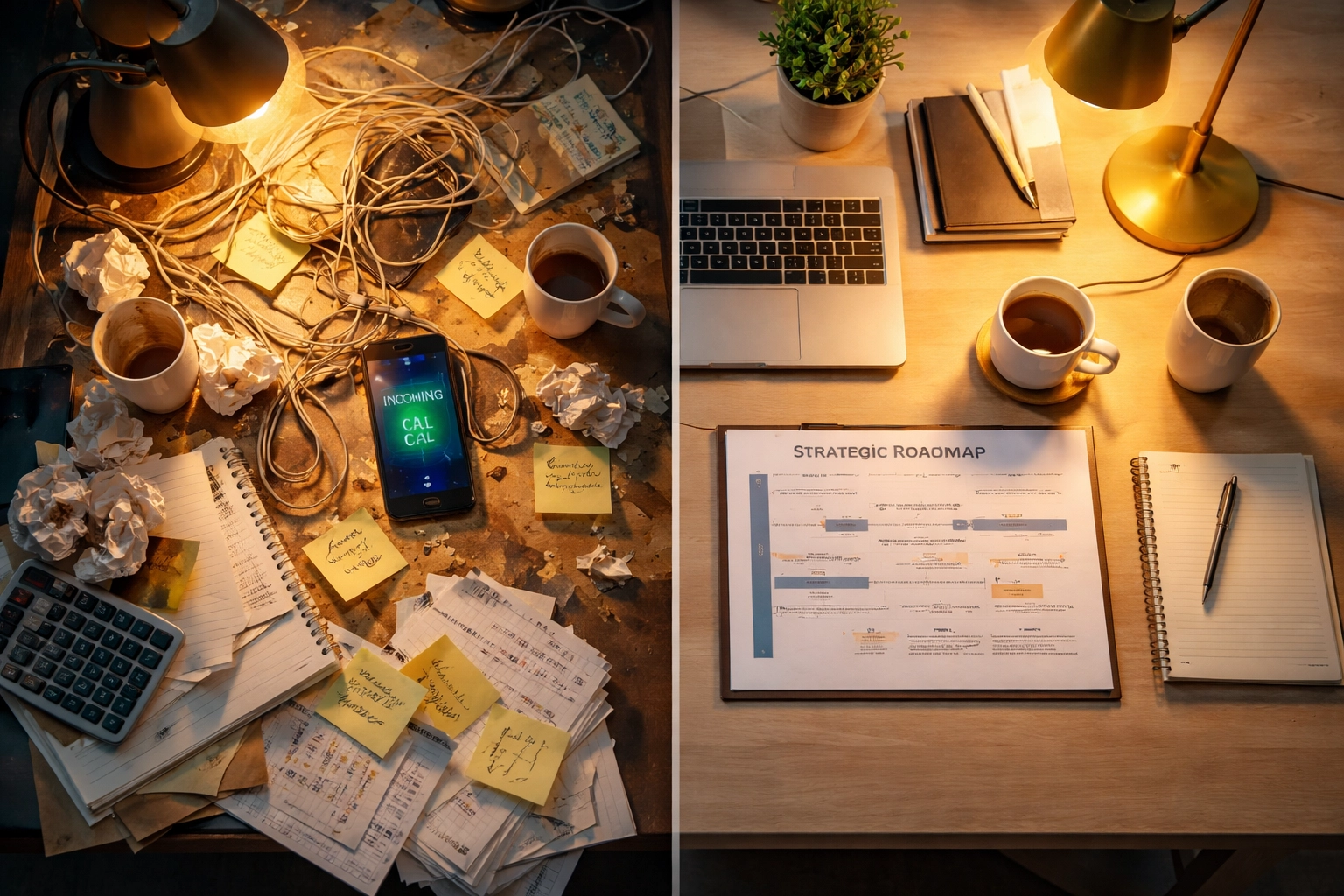 Transformation from chaotic desk to organized workspace representing MSP shift to strategic consulting