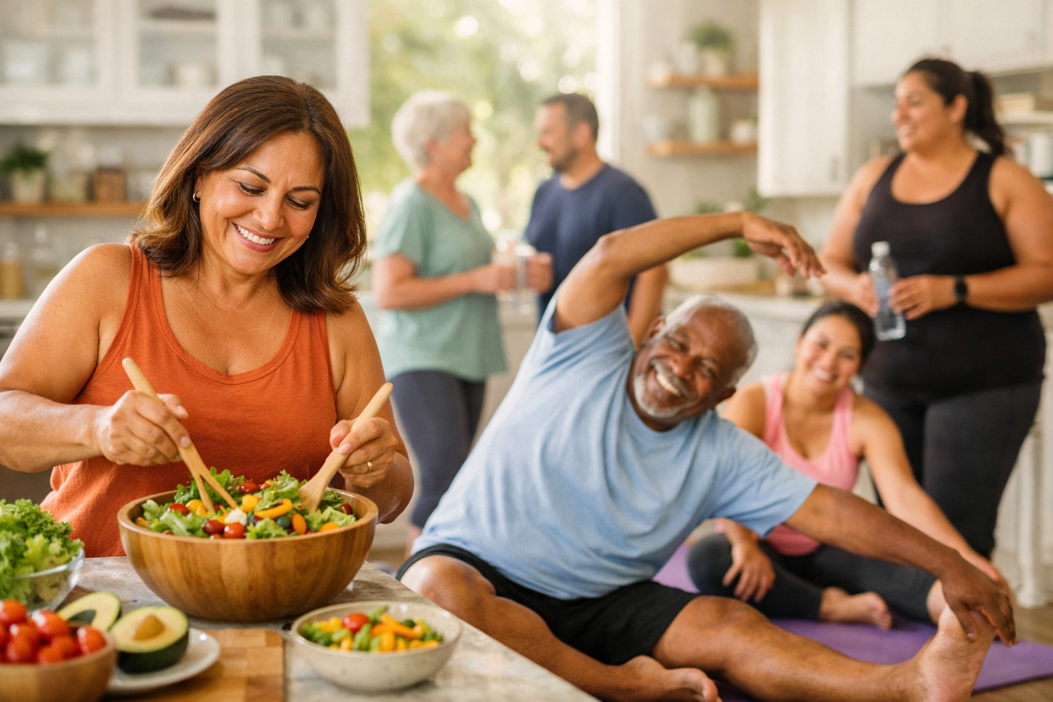 California residents preparing healthy meals and exercising for weight loss support