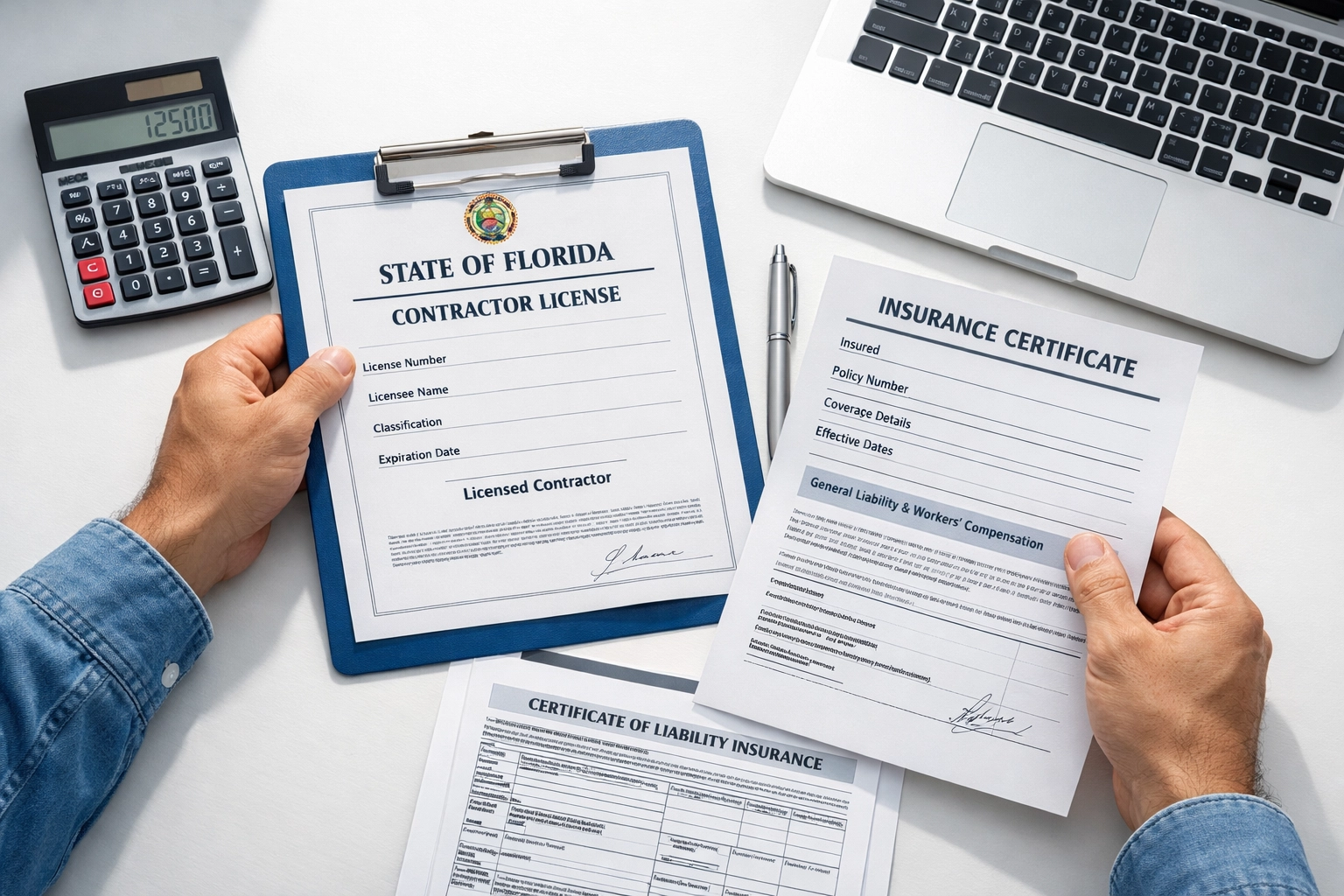 Contractor reviewing license and insurance documents for Orlando home remodeling project