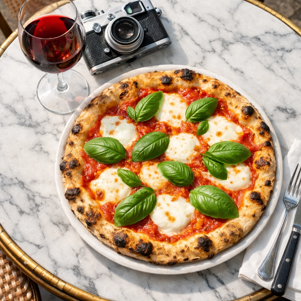 Fresh pizza at a Parisian cafe with a vintage camera, ideal for affordable dining and photo spots.
