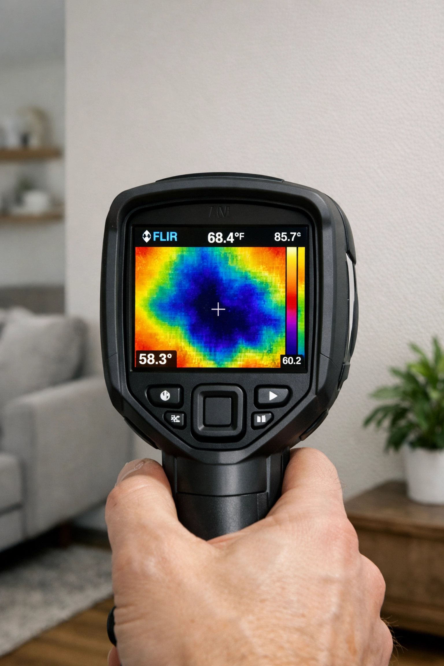 Thermal imaging camera identifying a hidden water leak behind a wall for water damage restoration.