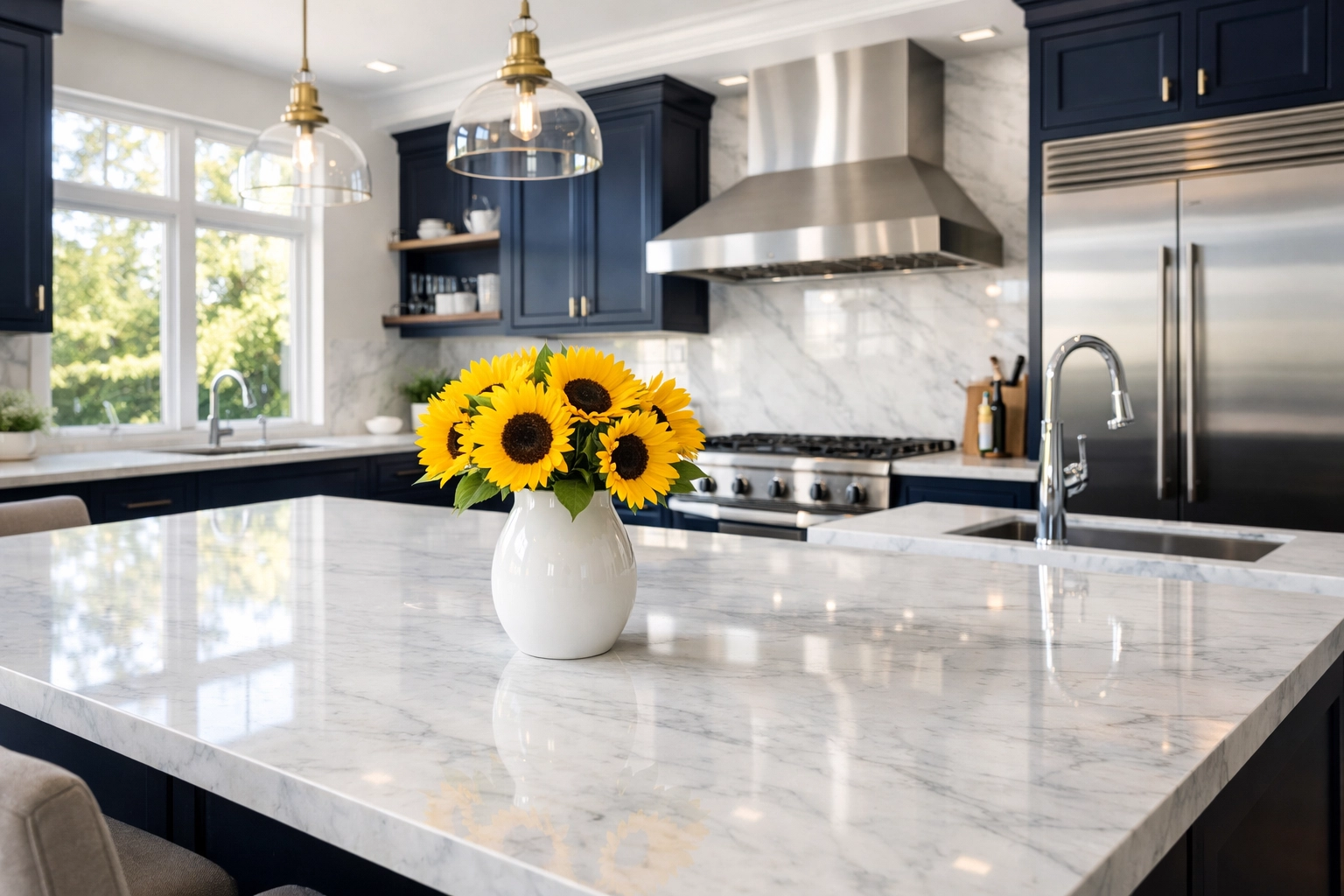 Pristine modern kitchen in Concord with white marble countertops cleaned by professional house cleaners.