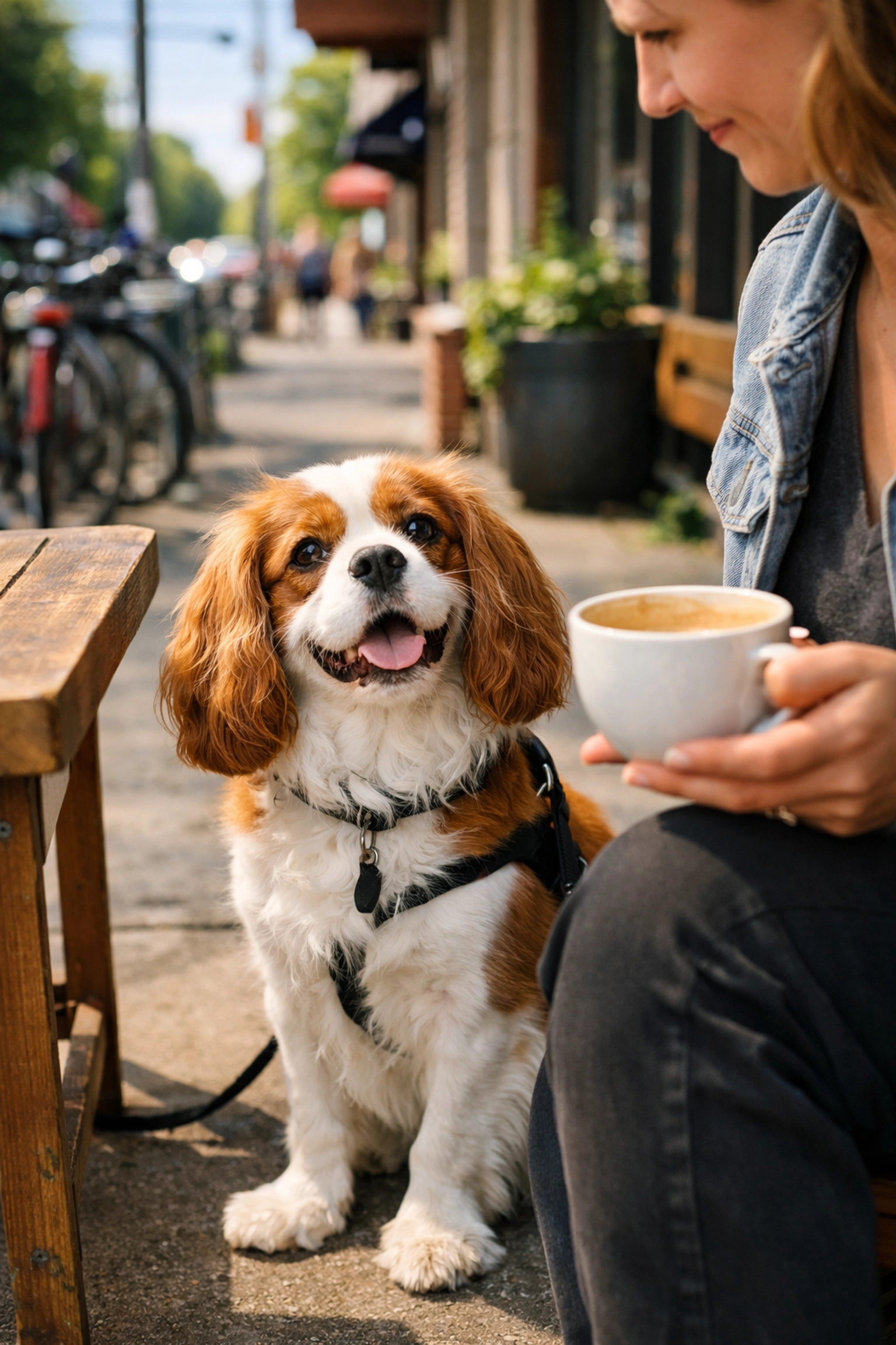 An emotional support dog Cavalier King Charles relaxing at an outdoor Portland OR cafe.
