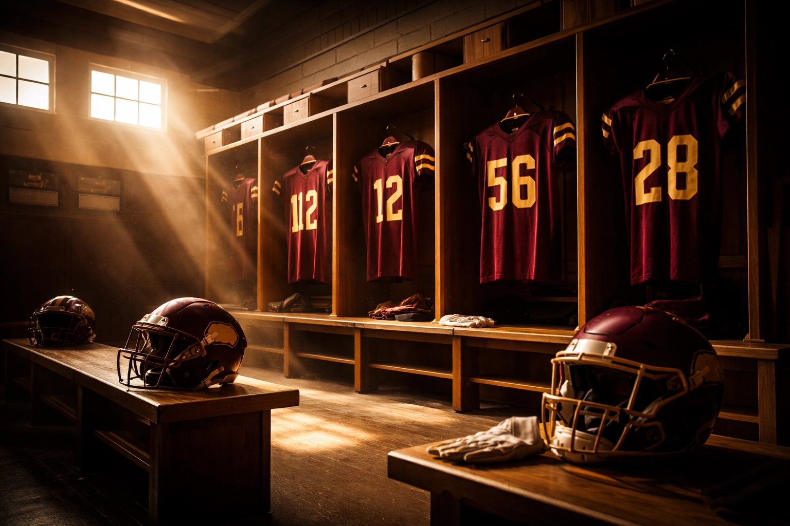 Boston College Eagles football locker room with maroon and gold jerseys representing new transfer class and roster changes