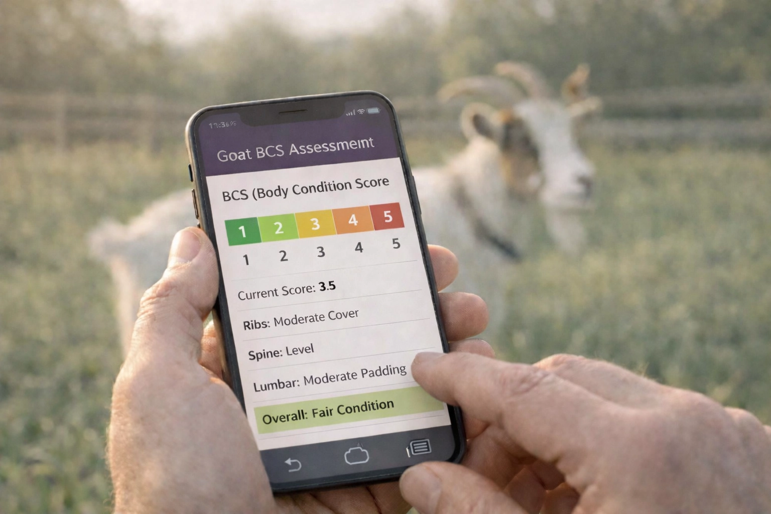 Smartphone displaying livestock body condition scoring data with dairy goat in pasture