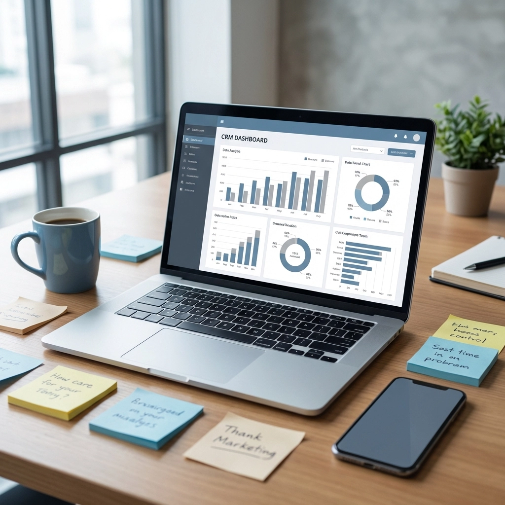 Modern office desk with laptop showing CRM dashboard, surrounded by sticky notes and coffee mug, illustrating workflow chaos in financial advisor firms