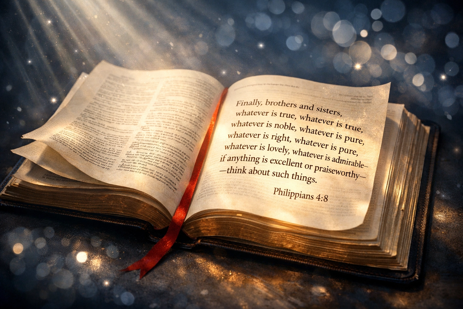 Open Bible showing Philippians 4:8 scripture about focusing on what is true and praiseworthy