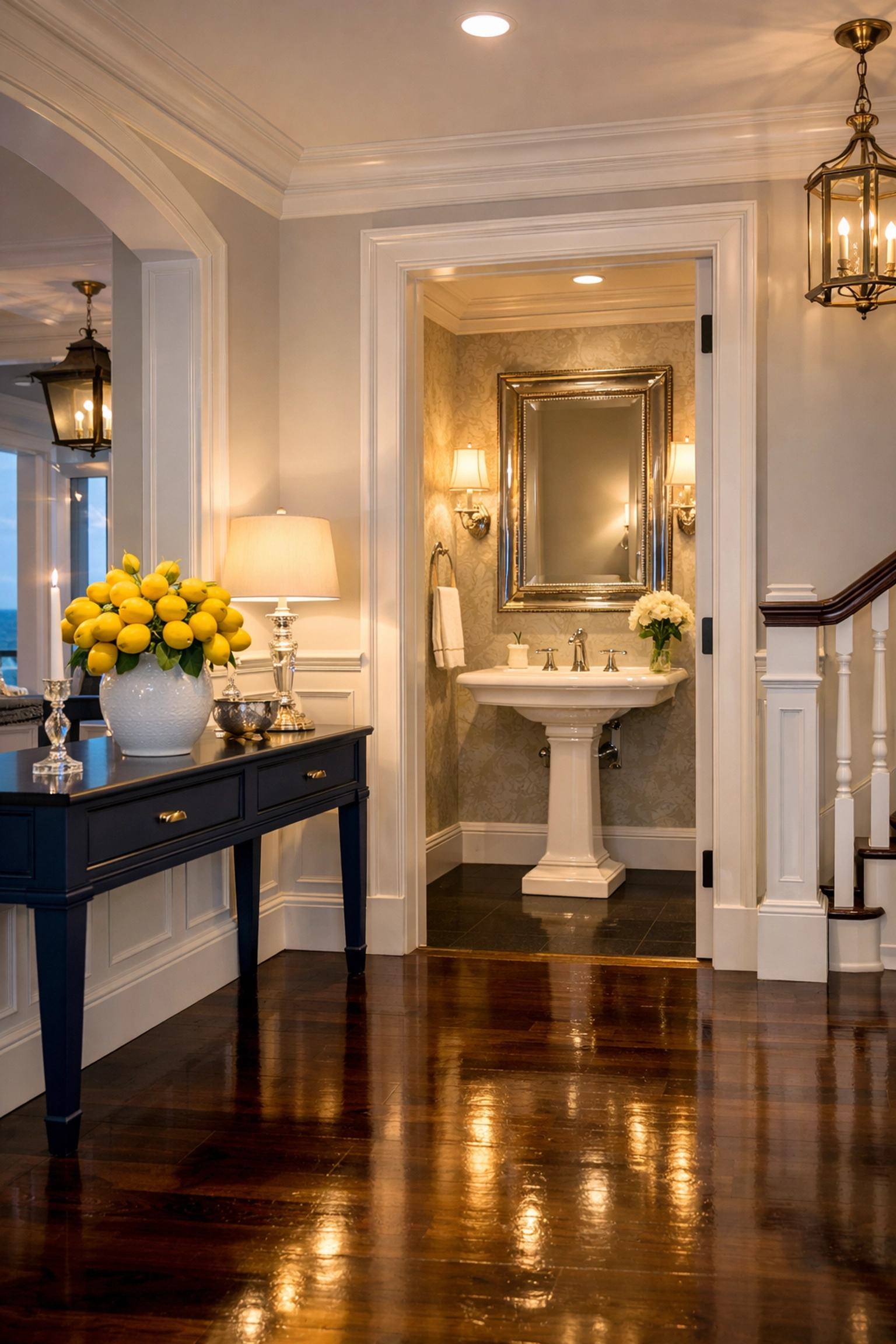 Spotless coastal home entryway and guest powder room prepared for a Cohasset deep cleaning.