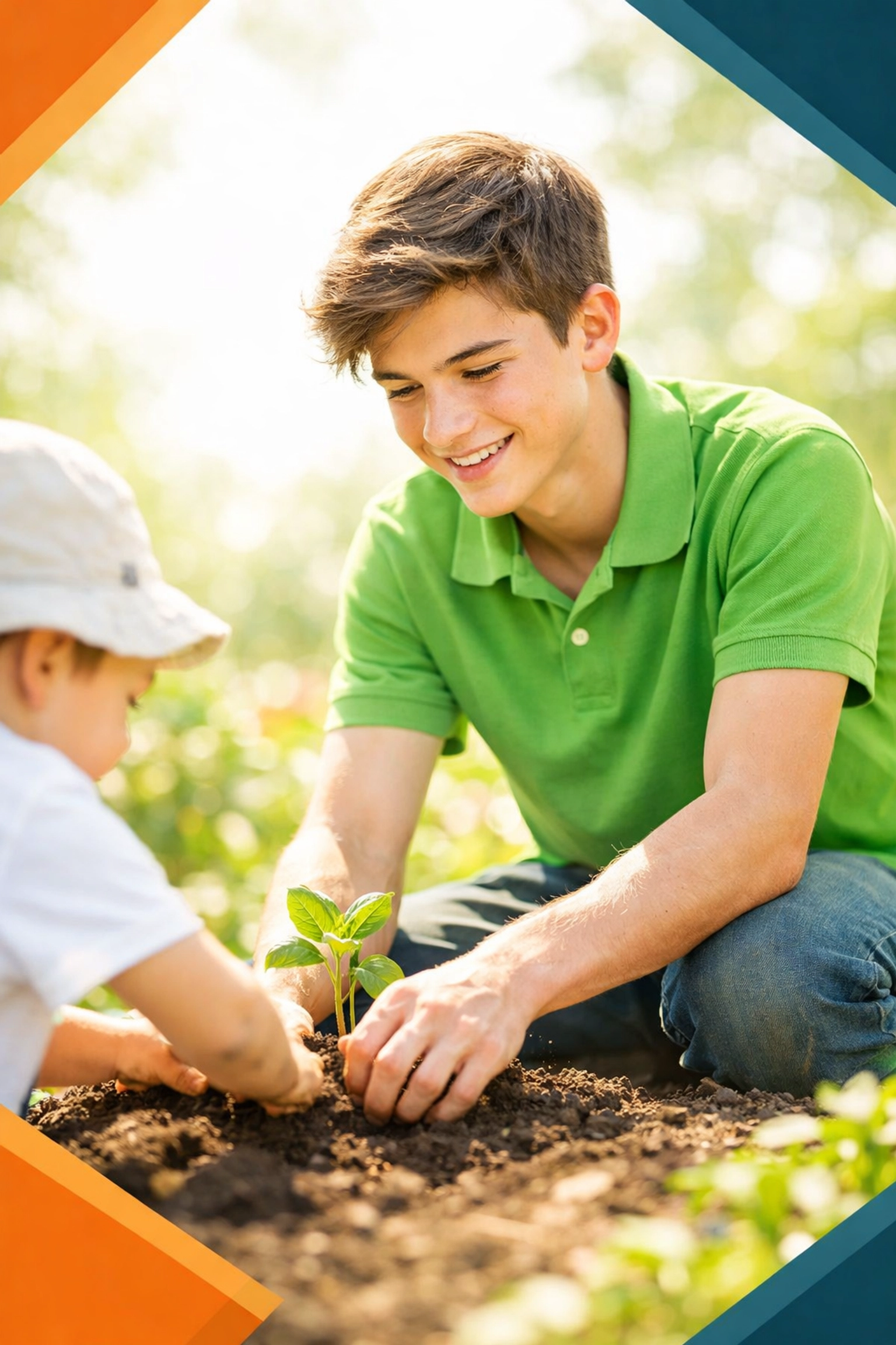 A teenage boy helping a younger child plant a seedling, showing leadership and stewardship in the Complete Life Skills Platform.