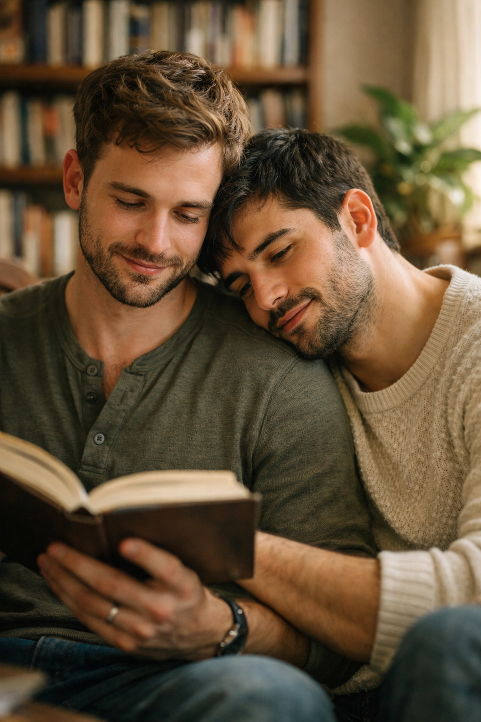 Two men reading MM romance books in a sunlit library, reflecting the emotional healing of queer love stories.