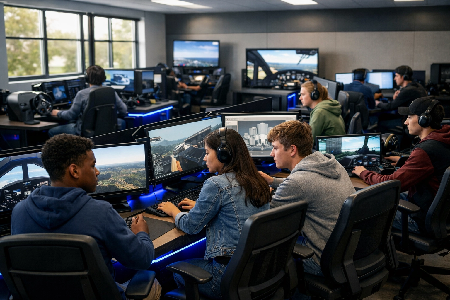 High school students using professional simulation pods for vocational training and career preparation.