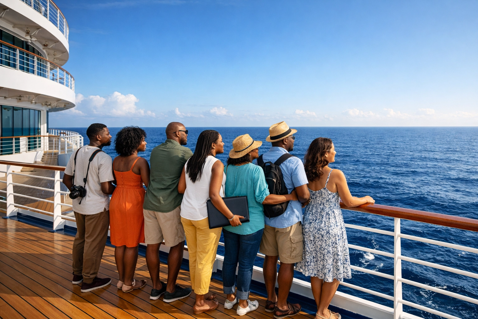 Travelers on a cruise deck track logistics and deadlines using a group trip planner for their vacation.