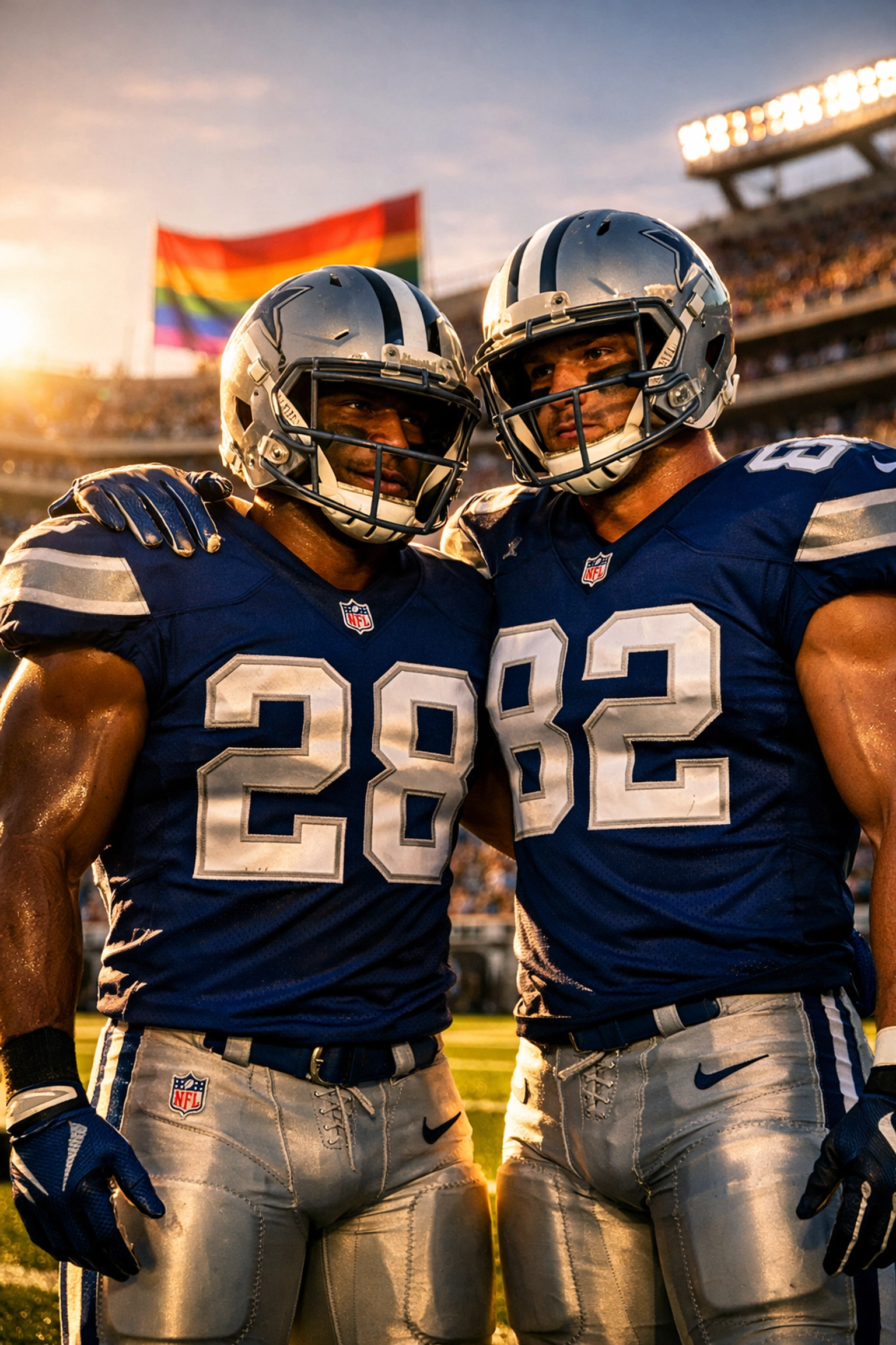 Two gay NFL football players supporting each other on field with pride flag