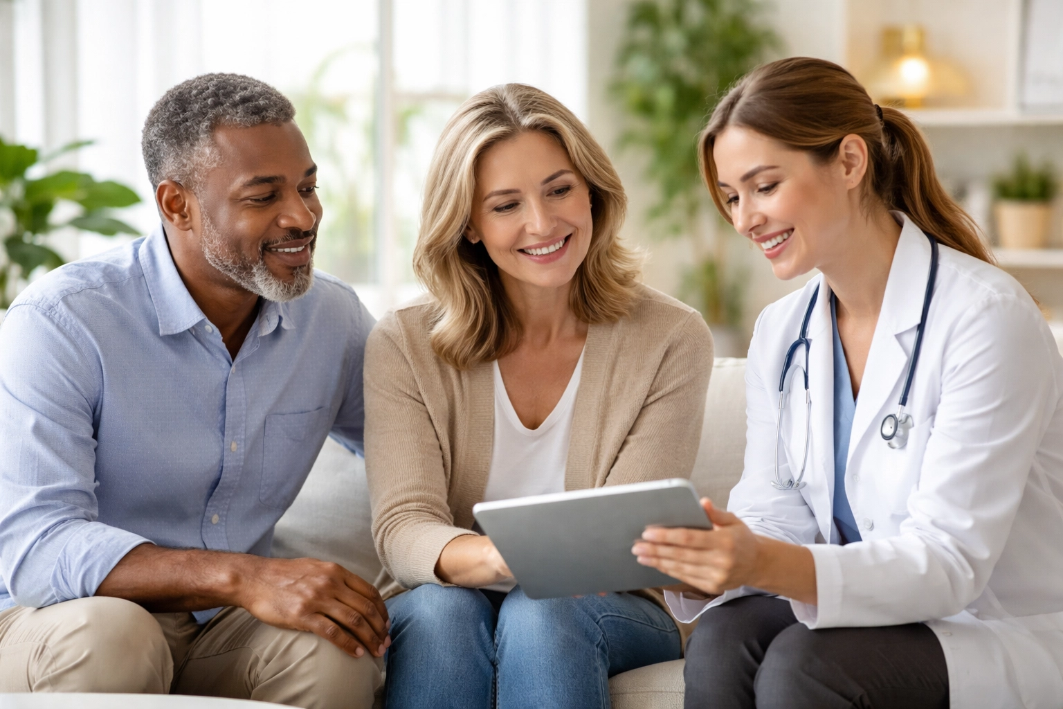 Middle-aged couple consulting with a medical provider about hormone therapy options for men and women
