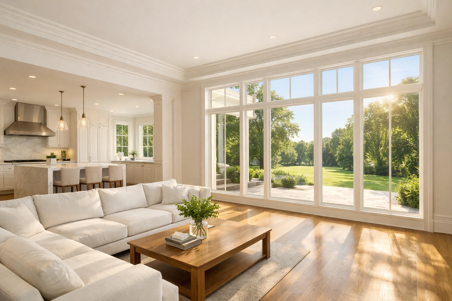 Luxury Connecticut home interior with high ceilings and large windows, perfect for families upsizing in Hartford County.