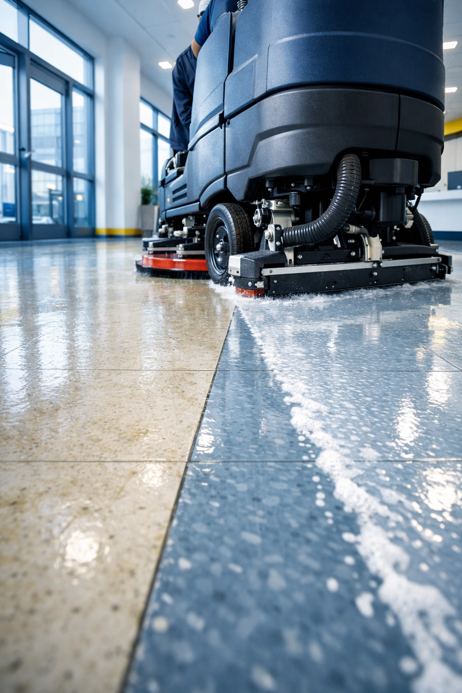 Industrial floor scrubber restoring dull VCT tiles in a Harvard MA commercial building.