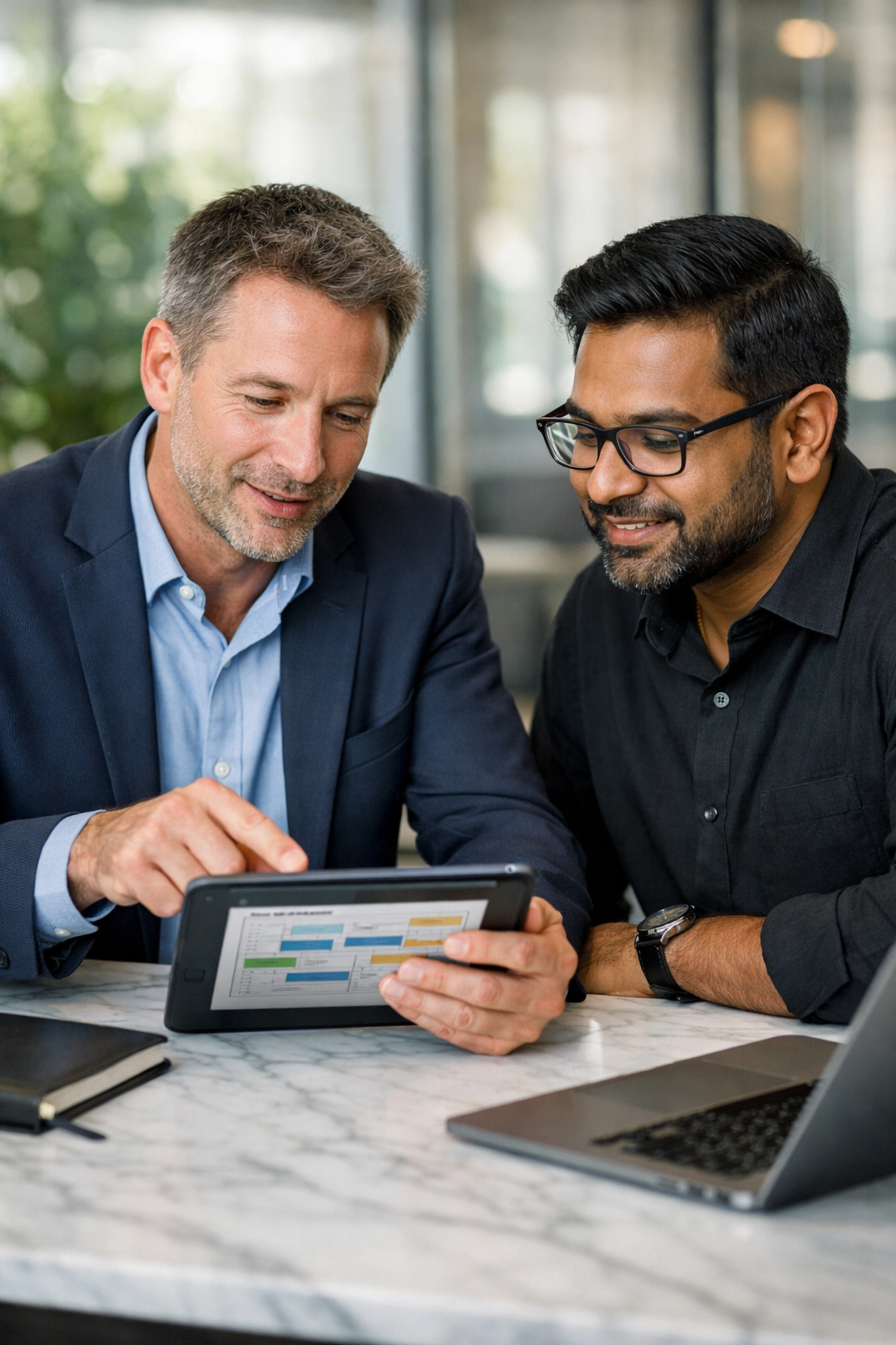 ServiceNow consulting expert and IT manager reviewing an ITOM strategy roadmap in a modern office environment.