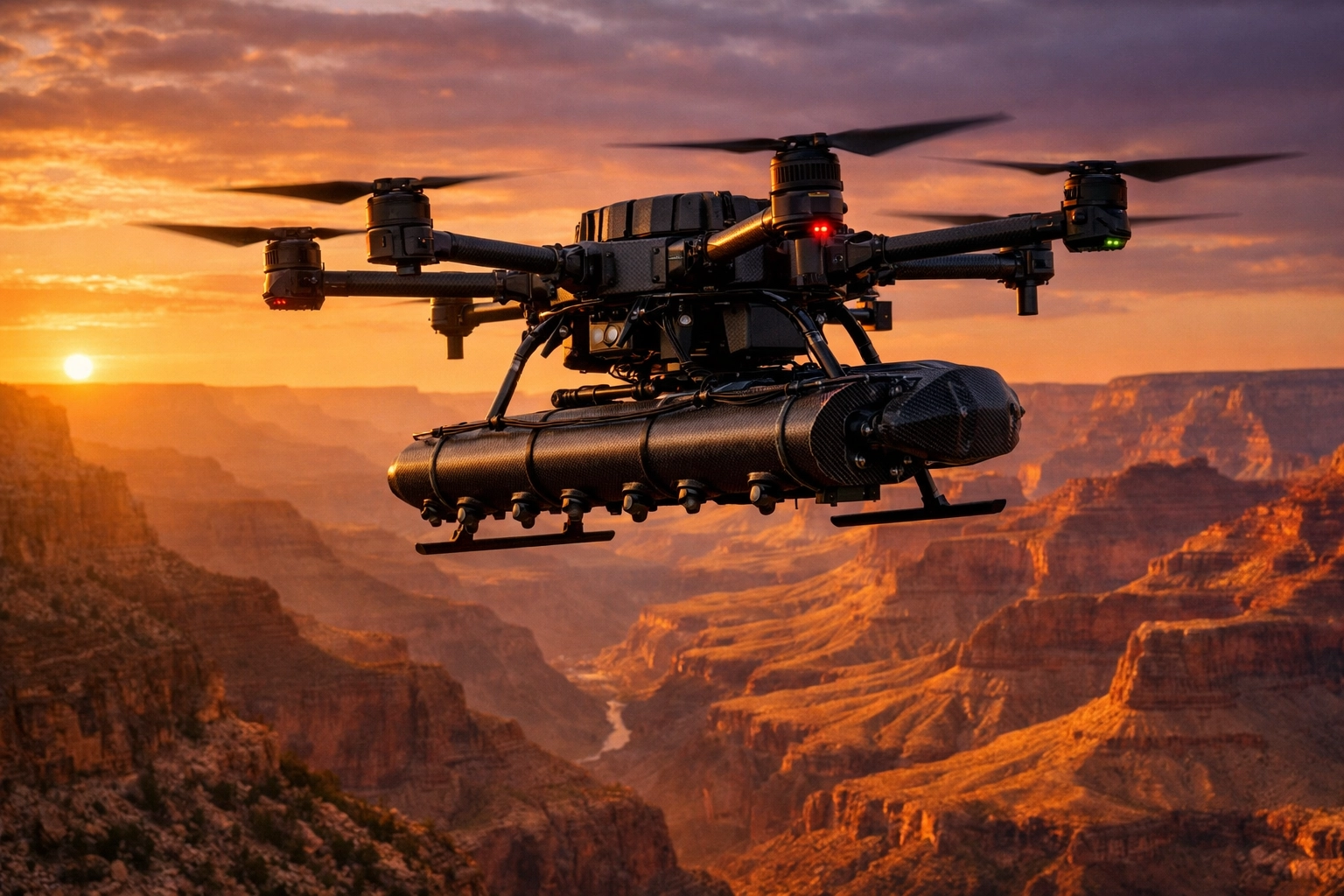Professional drone ash scattering ceremony over the Grand Canyon using a high-grade dispersal unit at sunset.