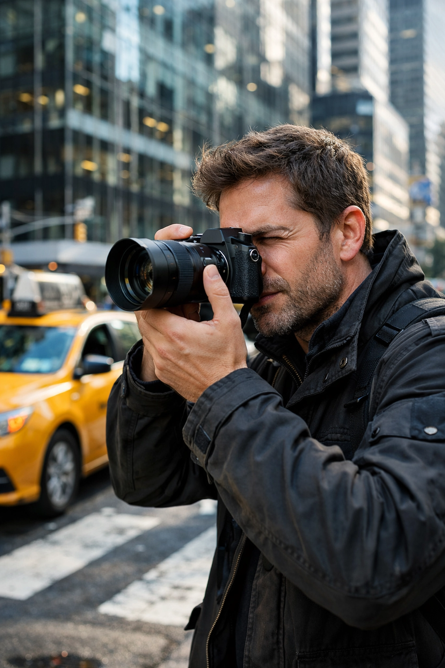 Street photographer focusing a mirrorless camera in the city to practice photography tutorials.