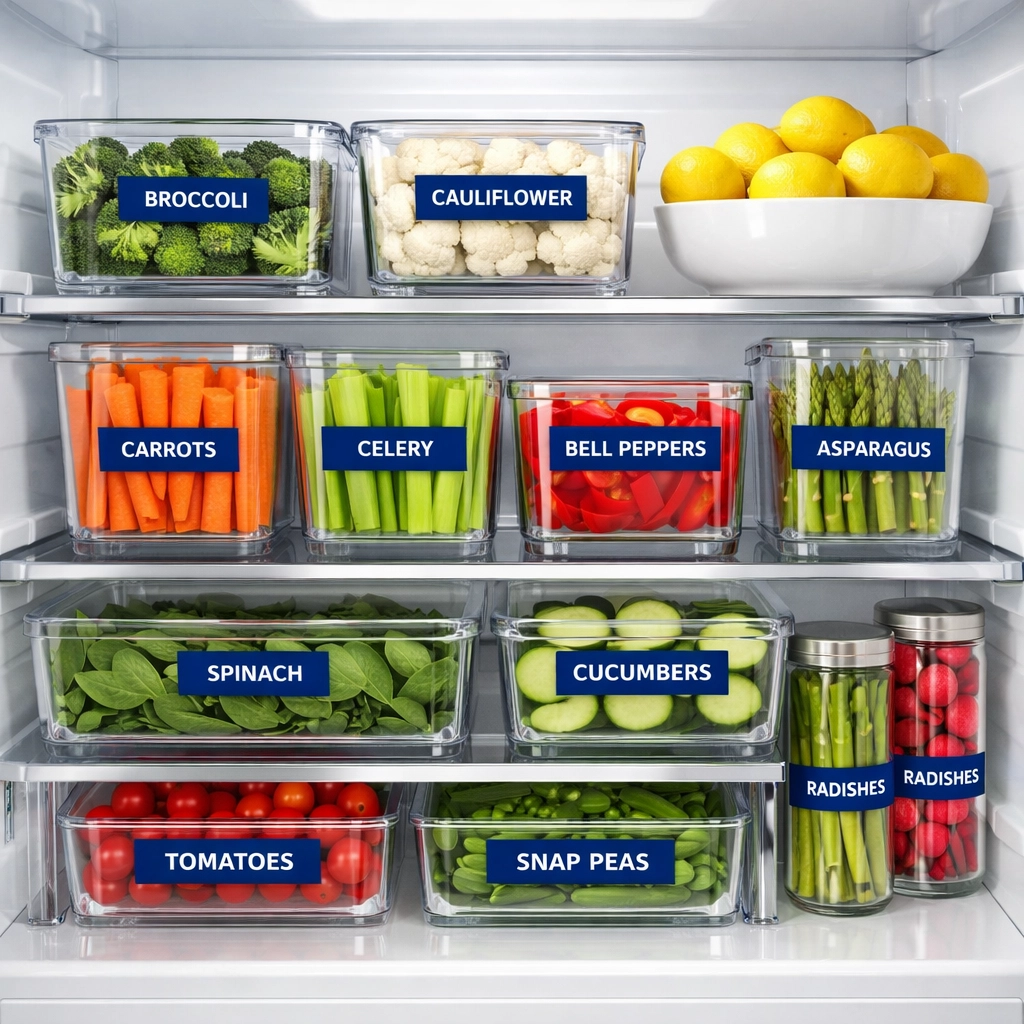 Perfectly organized refrigerator with clear glass containers, ideal for bi-weekly house cleaning maintenance.
