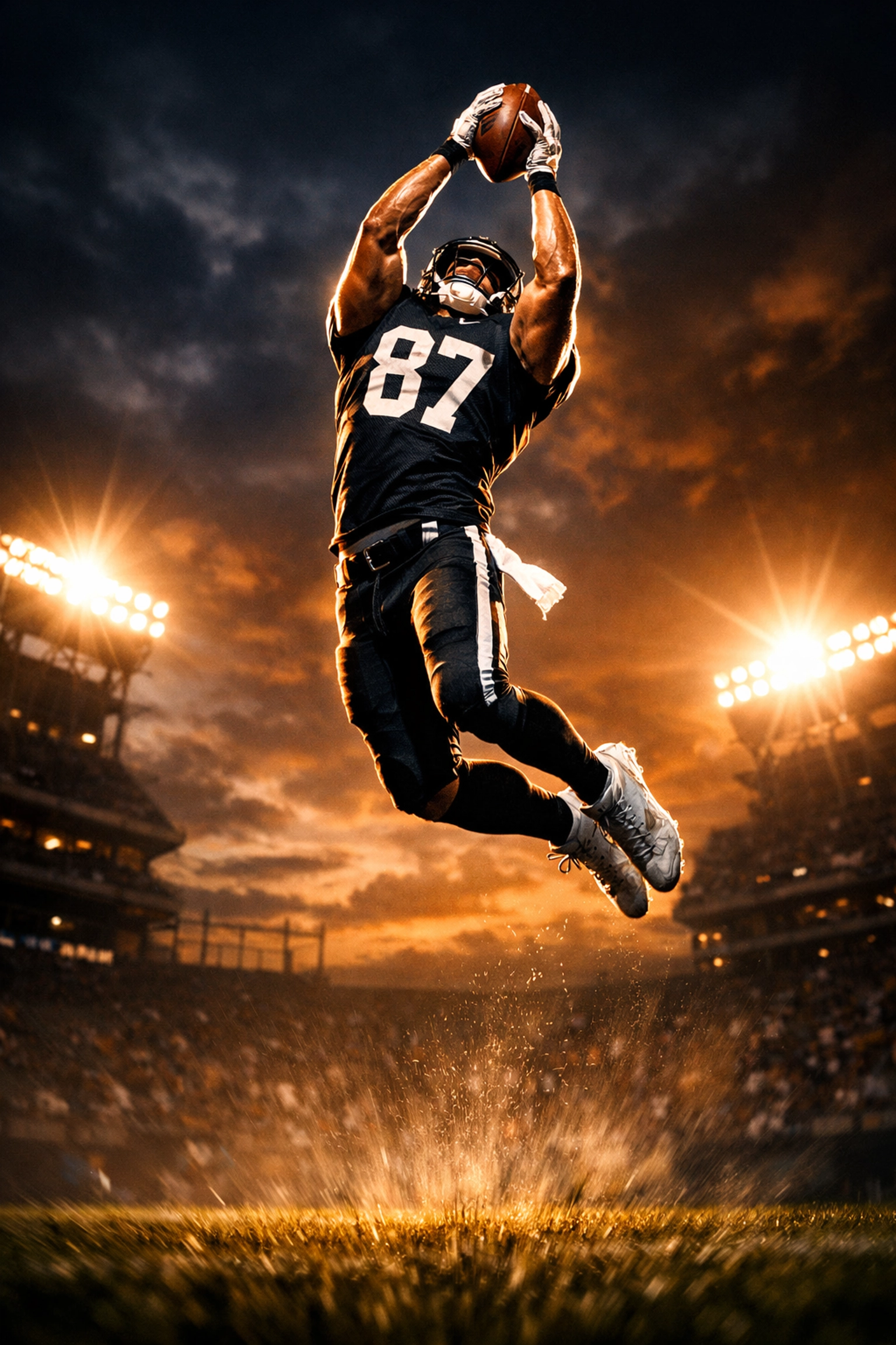 Tight end prospect leaping to catch a football, demonstrating vertical explosion for the 2026 NFL Draft.