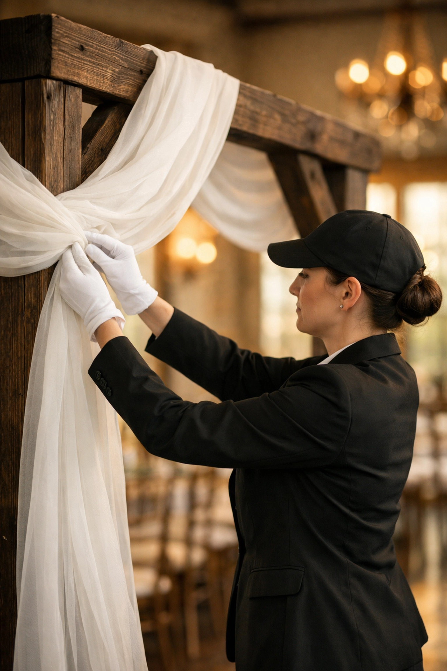 White glove setup of a rustic wedding arch rental in Fort Wayne by The Weathered Moose LLC professionals.