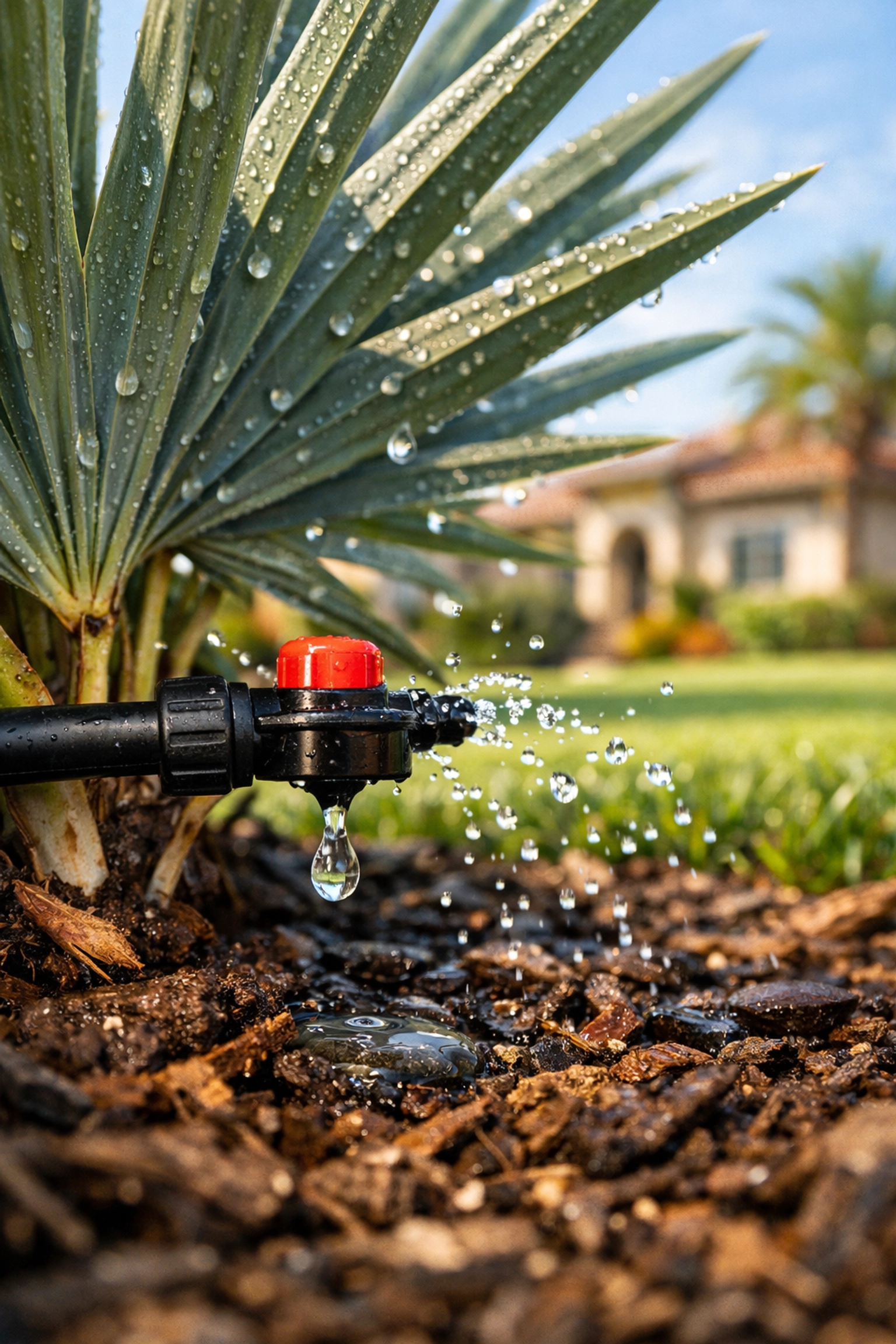 Drip irrigation emitter watering a native saw palmetto for water-efficient Venice landscaping.