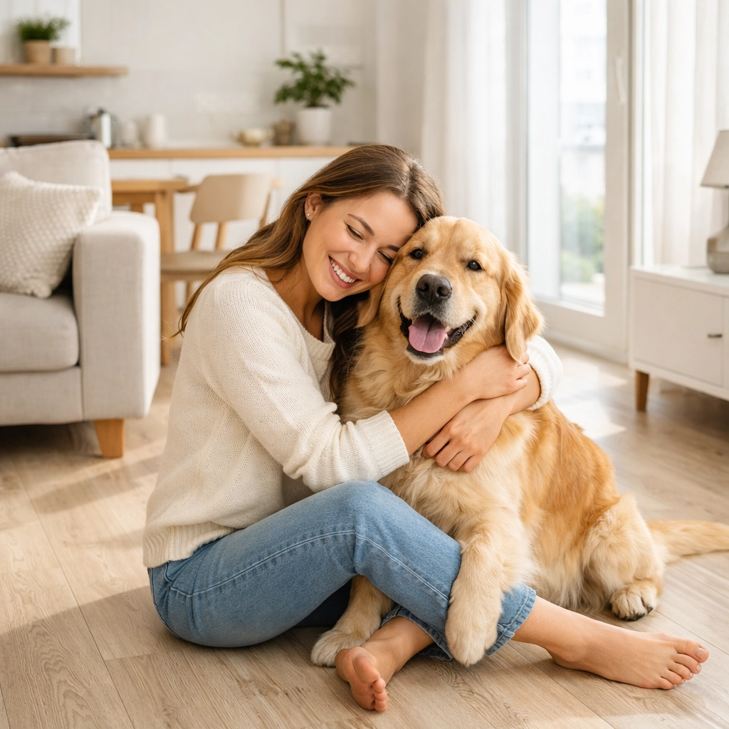 Happy tenant with a golden retriever on durable luxury vinyl flooring in a pet friendly rental in Saskatoon.