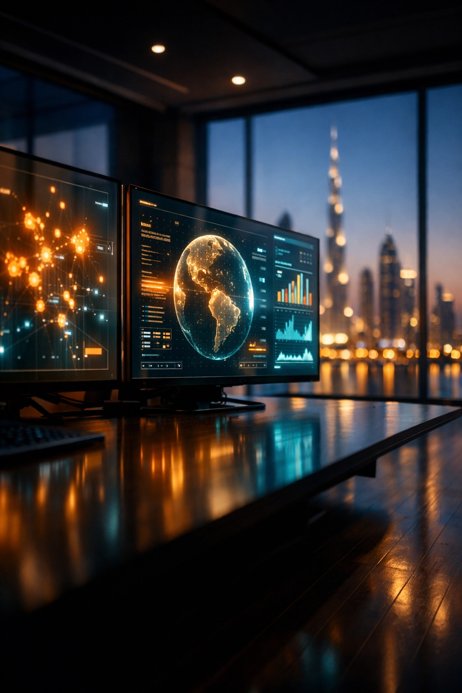 Advanced cybersecurity command center overlooking a GCC city, representing strategic tech and defense growth capital.