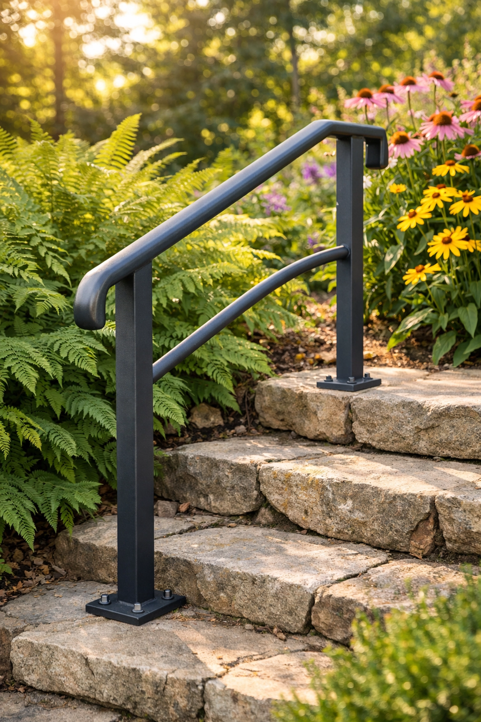 Sturdy metal handrail installed by stone garden stairs to help prevent falls for seniors.