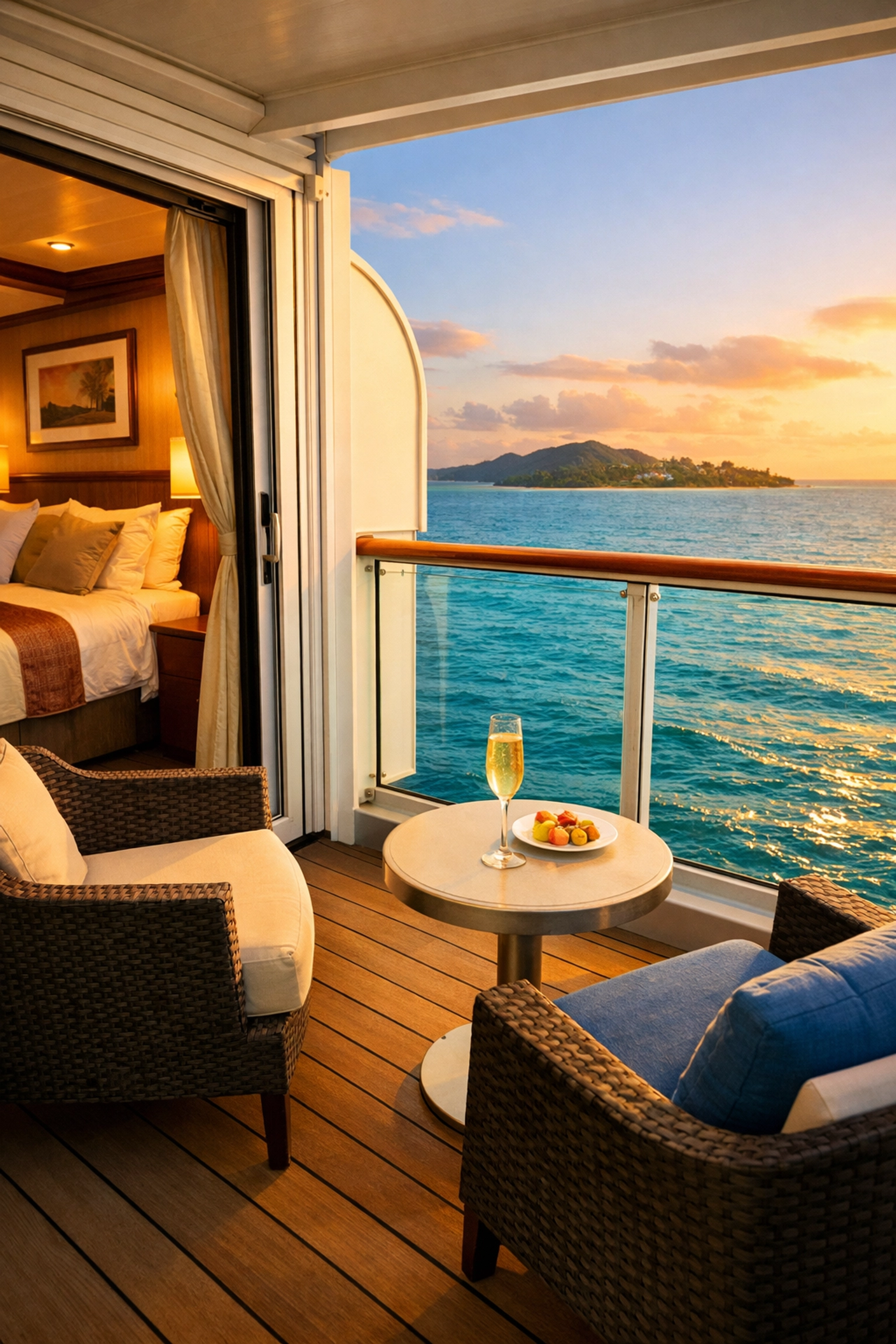 Luxurious cruise ship balcony cabin with ocean views and tropical island on the horizon