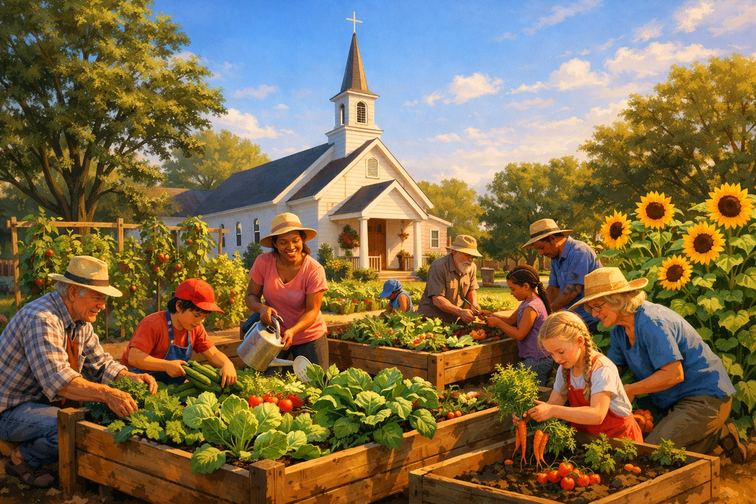 Neighbors of all ages working together in a community garden on local church grounds.