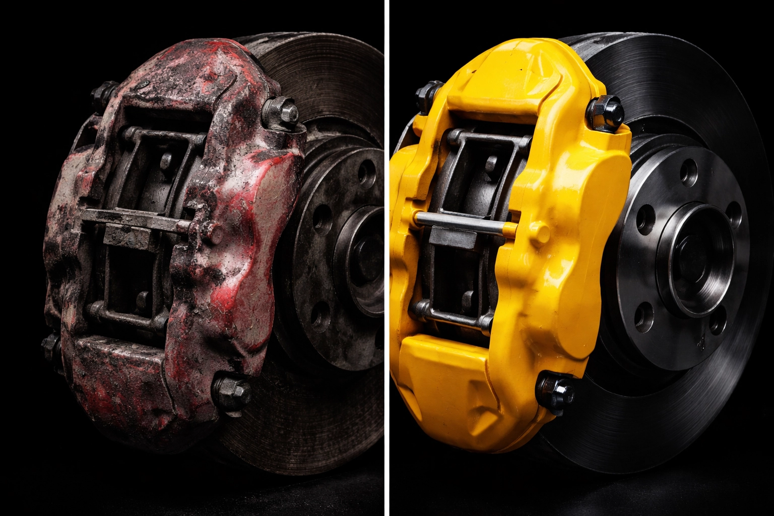Comparison of a worn painted caliper versus a pristine yellow powder-coated caliper, showing durability differences.
