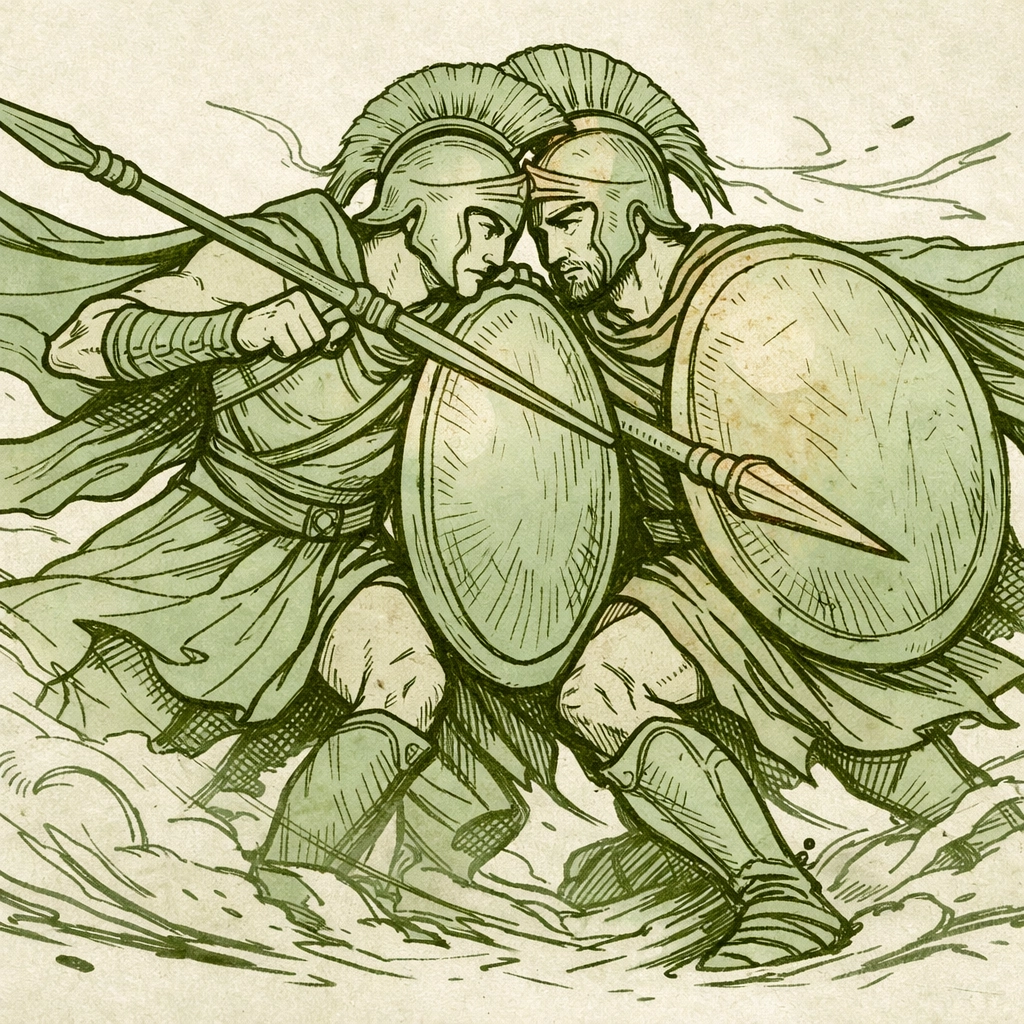 Ancient Greek Sacred Band warriors fighting side by side in battle protecting each other