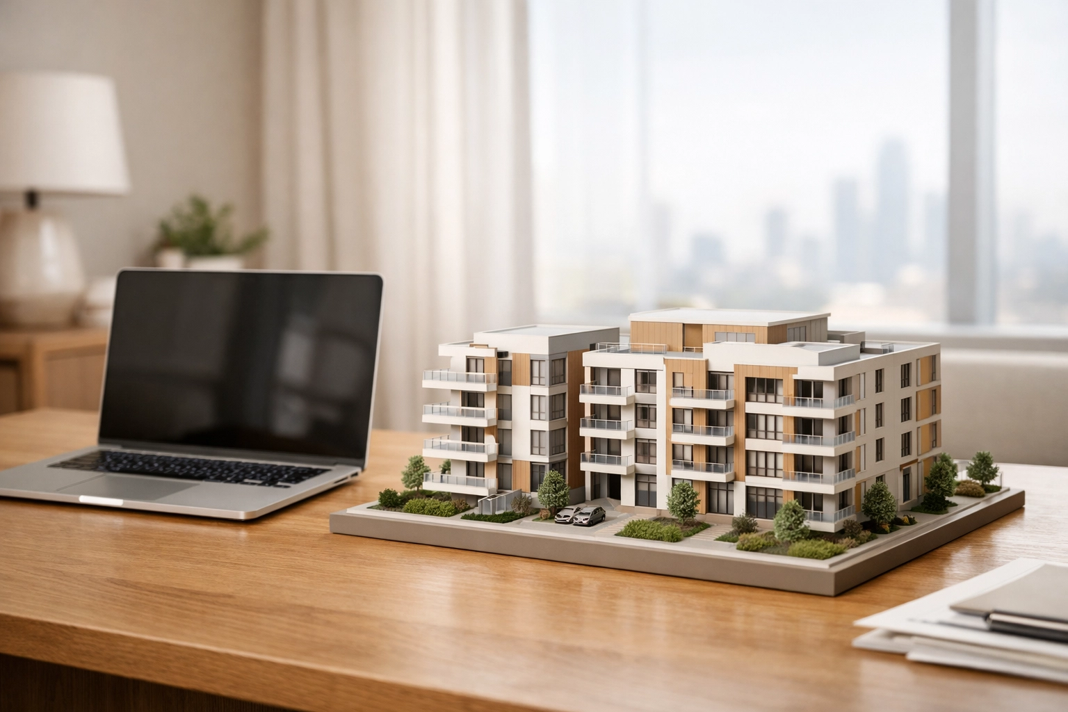 Architectural model and laptop on a desk representing multi-entity tracking for real estate investment firms.