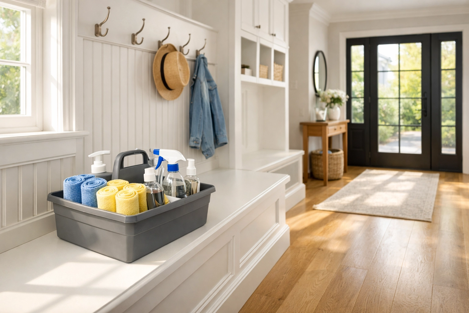 Organized cleaning caddy in a sun-drenched Natick home entryway by professional cleaners Natick MA.