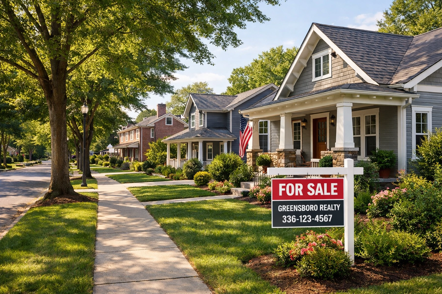 Greensboro NC Triad neighborhood with homes for sale in a tree-lined street