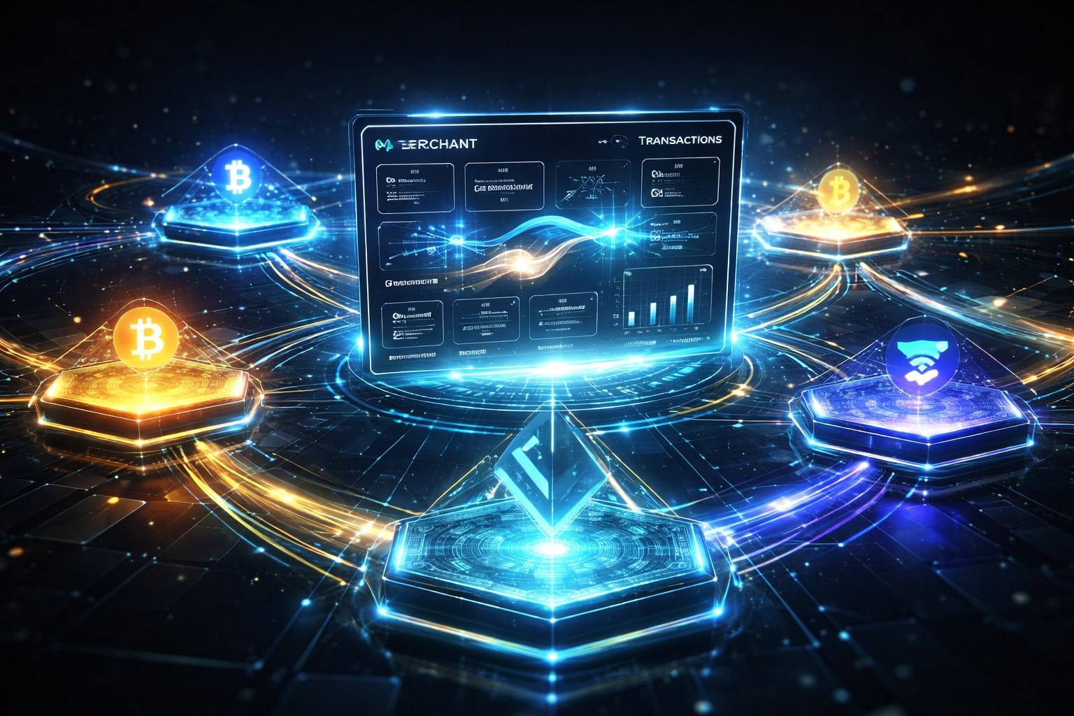 Futuristic visualization of Larecoin payment ecosystem showing interconnected blockchains and merchant dashboard for seamless crypto transactions.