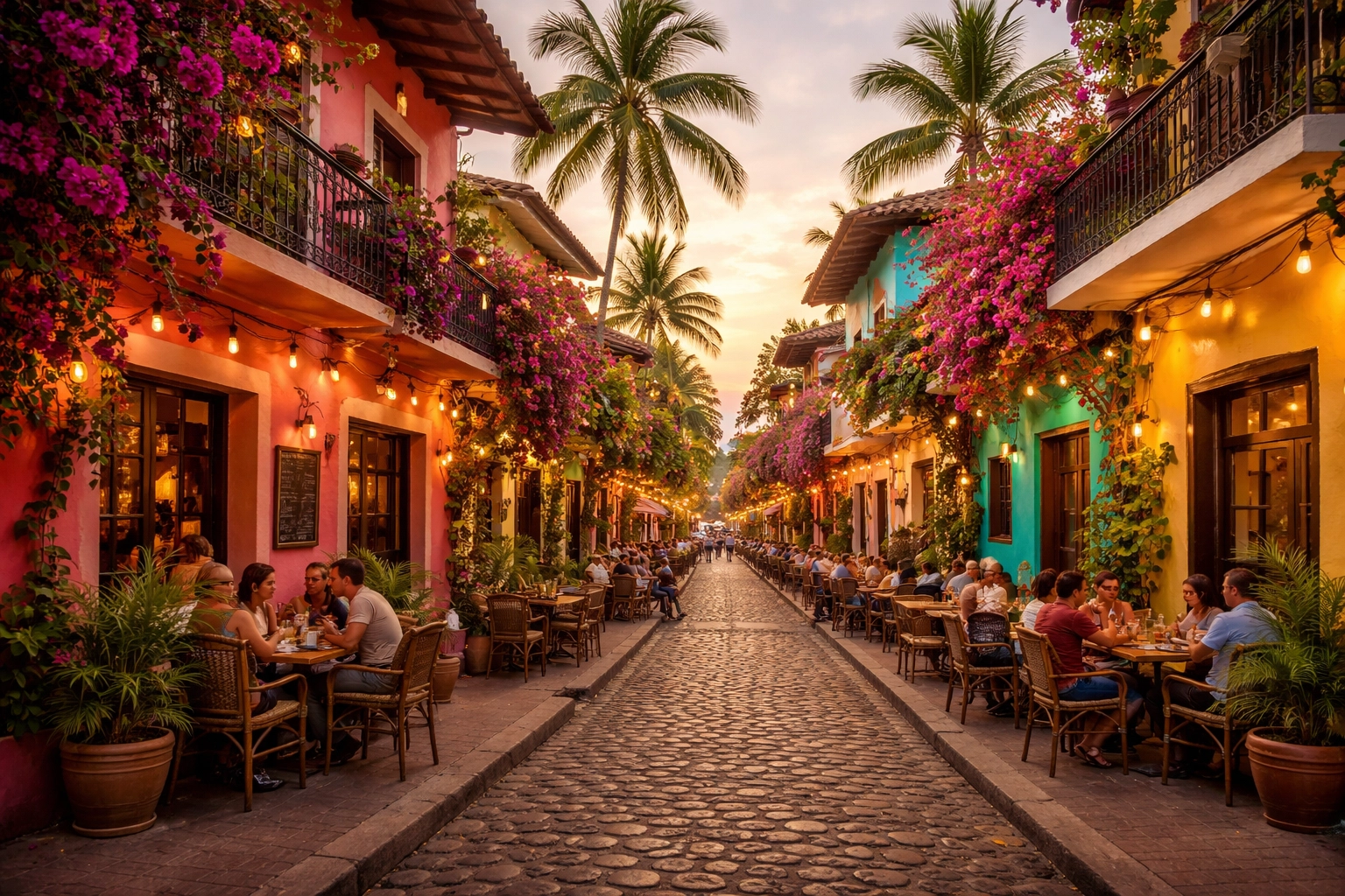Romantic Zone street with colorful colonial buildings, cobblestone roads, and vibrant Puerto Vallarta cafes.
