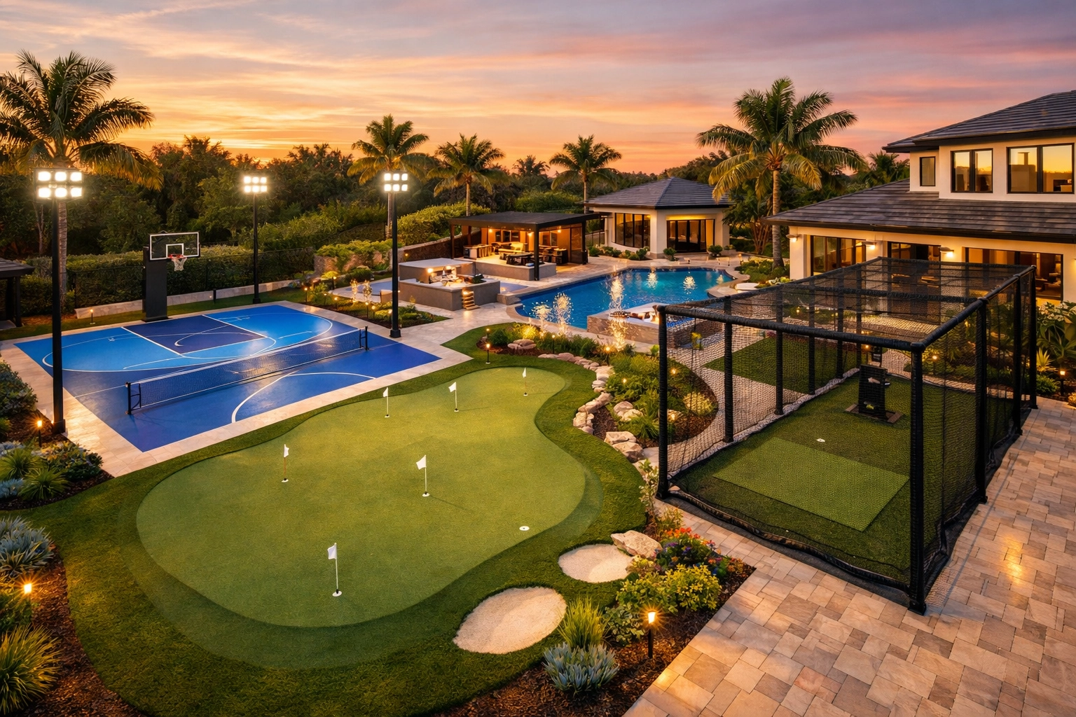 Luxury Houston backyard resort design featuring a multi-sport court, putting green, and professional batting cage.