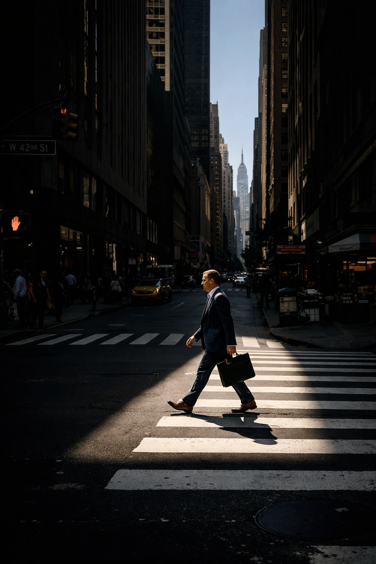Fine art street photography in NYC featuring a lone pedestrian in a dramatic beam of sunlight.