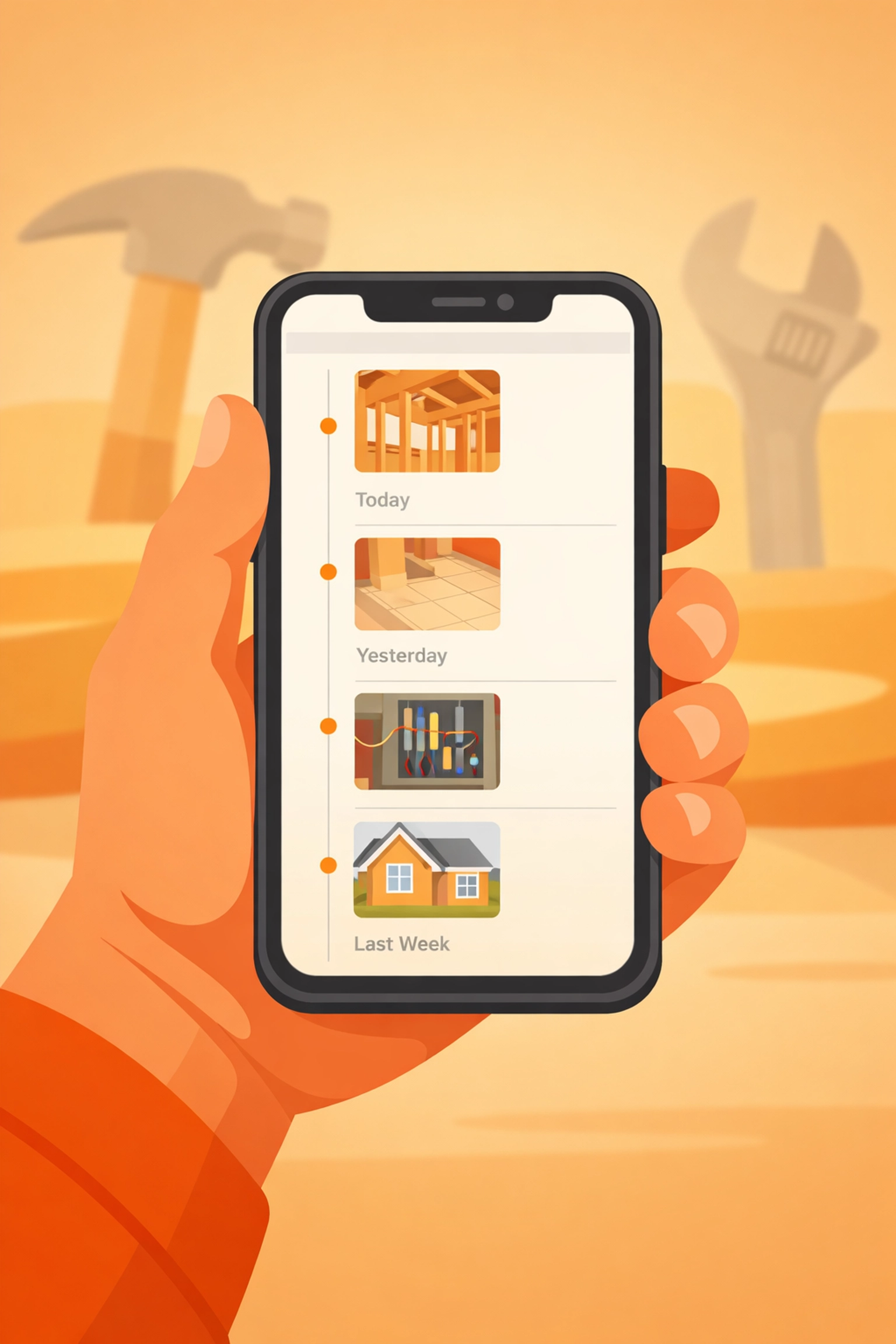 Contractor using a simple photo timeline app on a smartphone to organize construction jobsite photos.