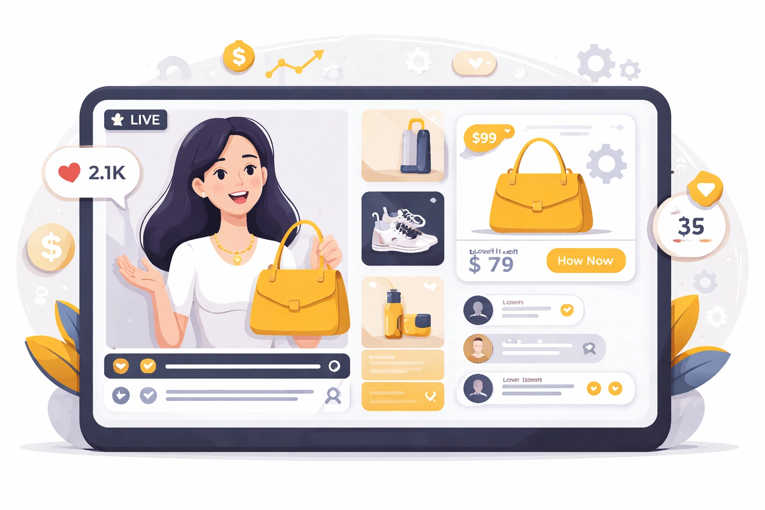 All-in-one live shopping platform interface with presenter, shoppable products, and chat integration