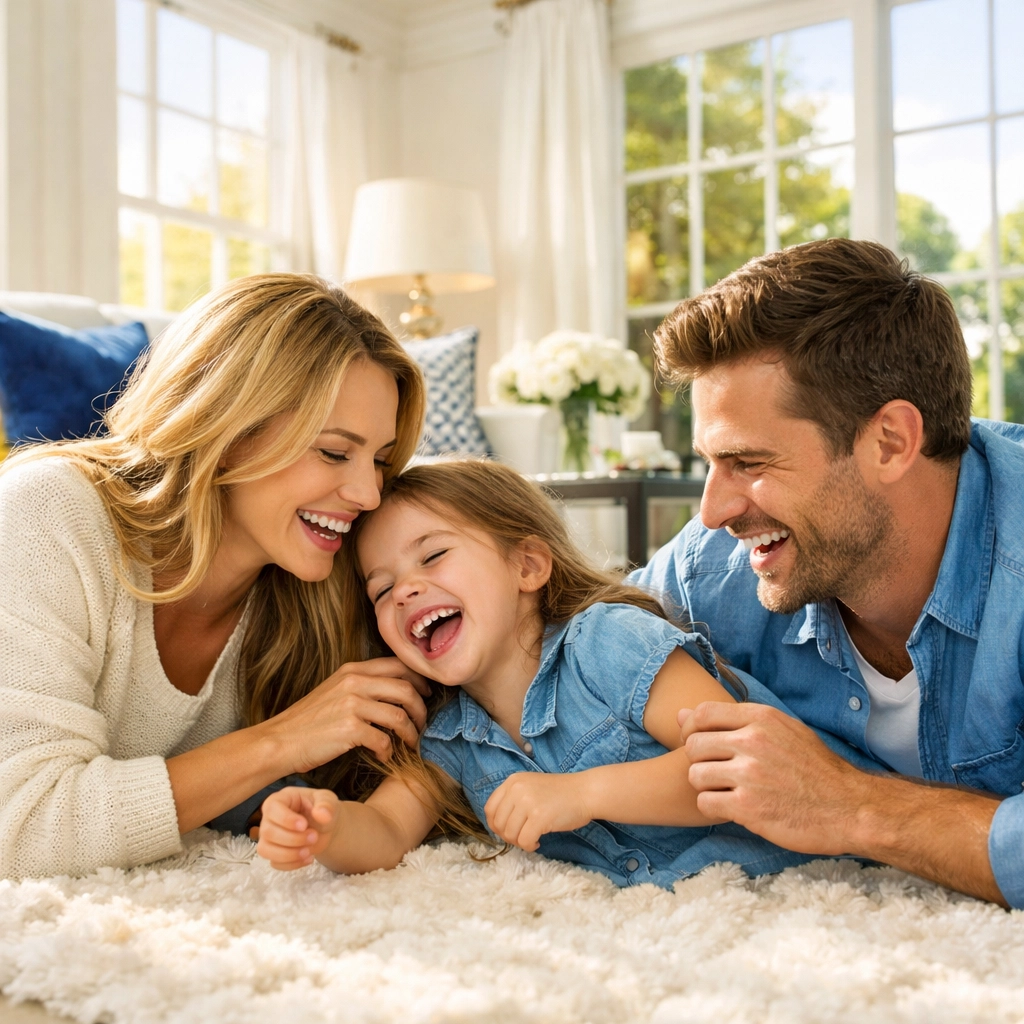 Happy family enjoying a spotless living room after professional house cleaning Westborough services.