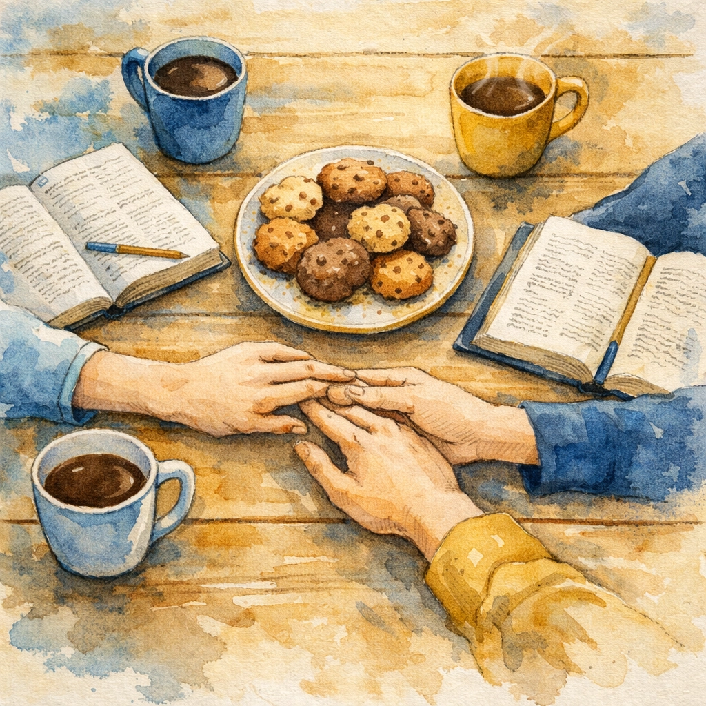 Christians gathering around table for fellowship with coffee and Bibles to build authentic community