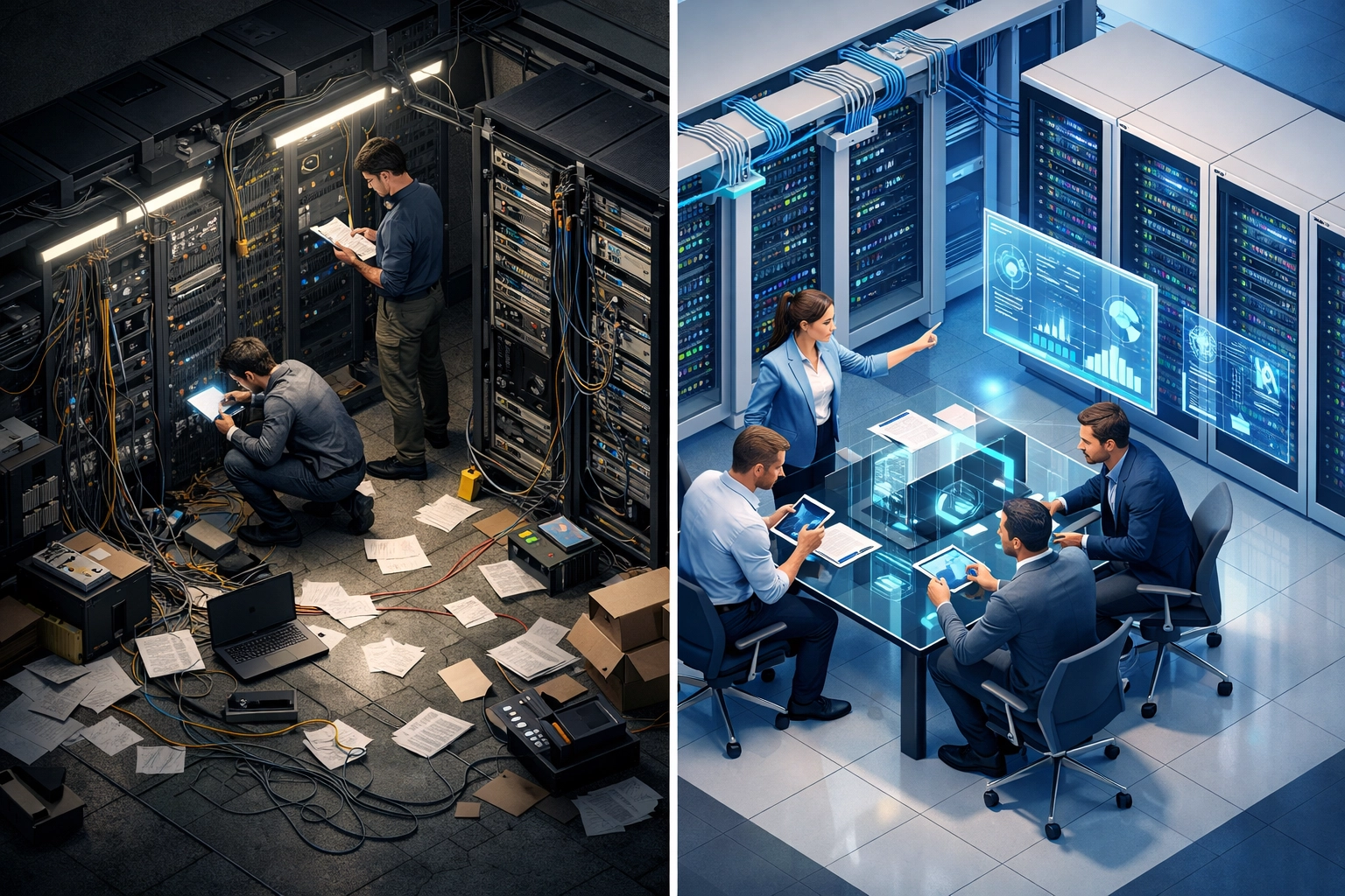 ServiceNow ITOM implementation comparison showing chaotic manual processes versus automated data center