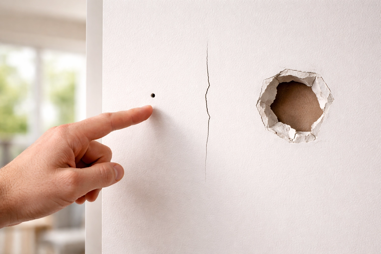Homeowner points to drywall holes and cracks on white wall, showing types of common drywall damage.