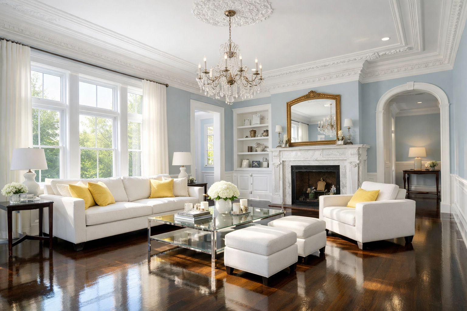 Clean living room in Southborough with polished hardwood and detailed crown molding after post construction cleaning.